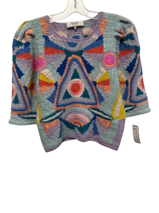 Sea New York Size S Blue & Multi Wool & Silk Knit 1/2 Sleeve Chunky Crop Sweater Blue & Multi / S