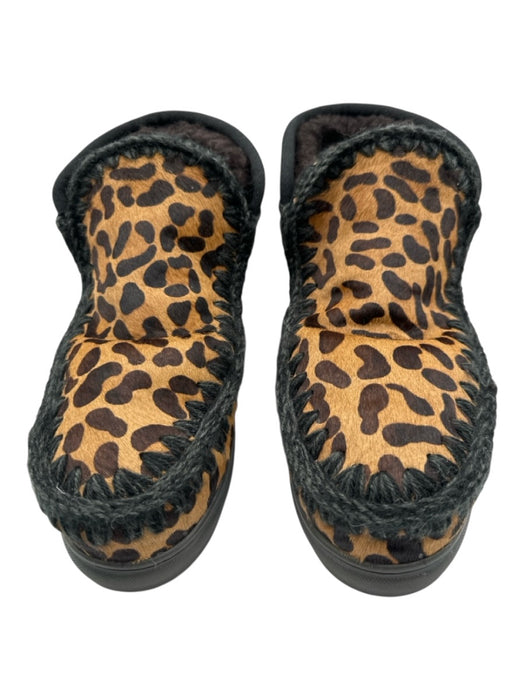 Mou Shoe Size est 9 Brown & Black Leather Upper Pony Hair Leopard Print Slippers Brown & Black / est 9