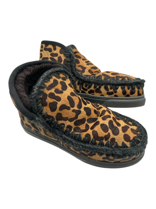 Mou Shoe Size est 9 Brown & Black Leather Upper Pony Hair Leopard Print Slippers Brown & Black / est 9