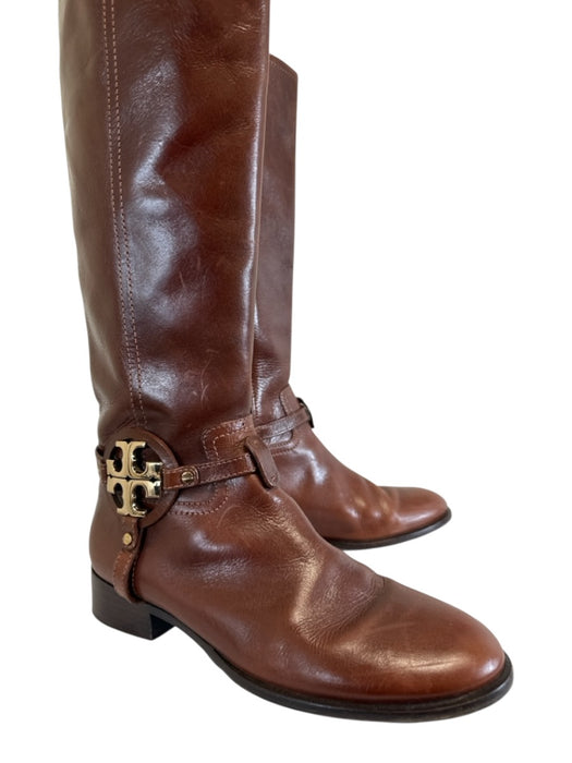 Tory Burch Shoe Size 10 Brown Leather Upper Gold Tone Logo Side Zip Boots Brown / 10