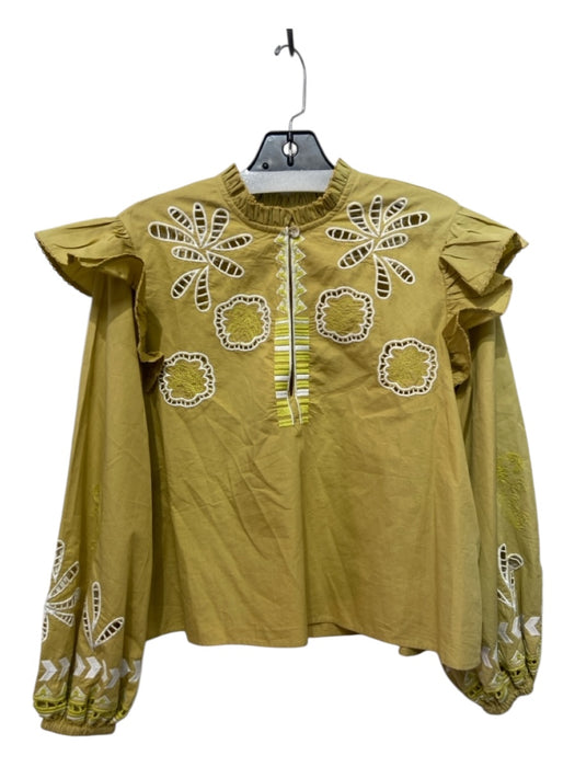 Chufy Size XS Yellow, Green & White Cotton Floral Embroidered V Neck Top Yellow, Green & White / XS