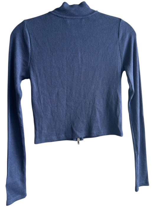 Mango Size XS Navy Viscose Blend Rib Knit Mock Neck 2-Way Zipper Cropped Top Navy / XS