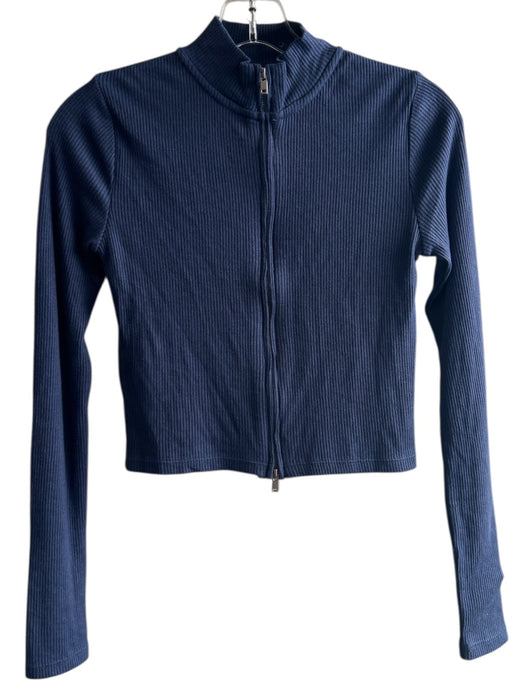 Mango Size XS Navy Viscose Blend Rib Knit Mock Neck 2-Way Zipper Cropped Top Navy / XS