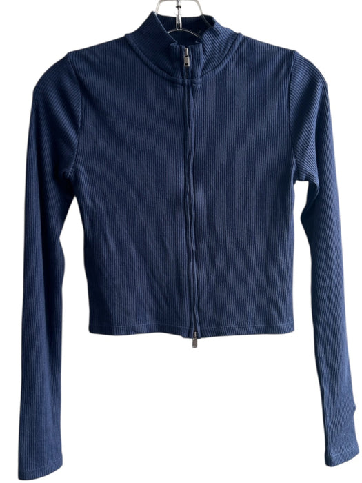 Mango Size XS Navy Viscose Blend Rib Knit Mock Neck 2-Way Zipper Cropped Top Navy / XS