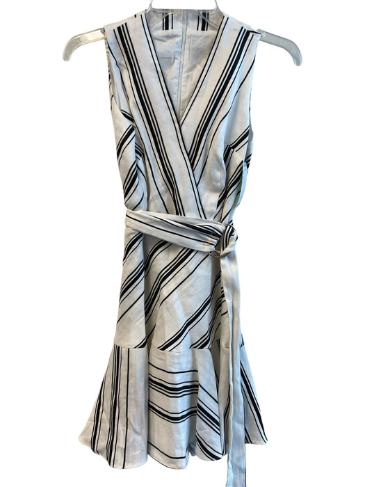 Ted Baker Size Est XS White & Black Linen & Cotton V Neck Striped Back Zip Dress White & Black / Est XS