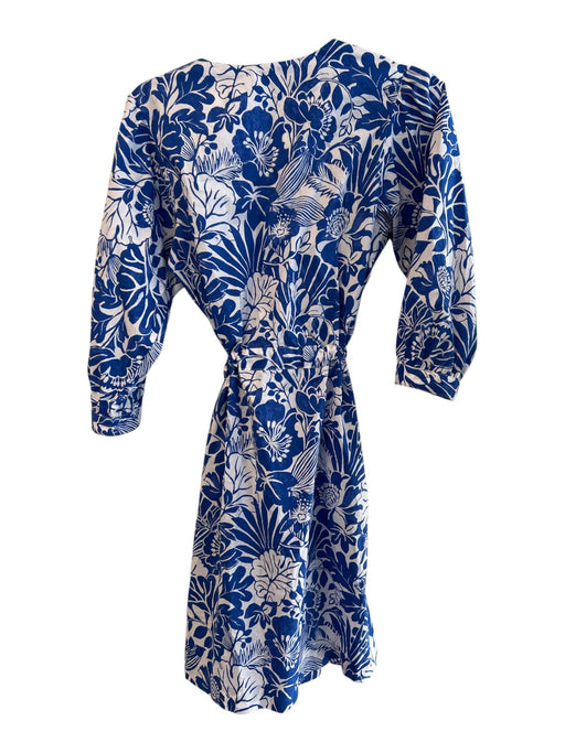 J Mclaughlin Size XS Blue & White Cotton Blend round split neck Floral Dress Blue & White / XS