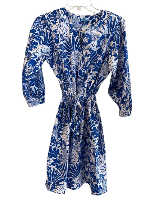 J Mclaughlin Size XS Blue & White Cotton Blend round split neck Floral Dress Blue & White / XS