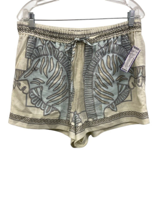 Tory Burch Size M/L Cream, Aqua Blue & Black Linen Short Sleeve Short Set Cream, Aqua Blue & Black / M/L