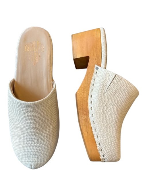 Charlotte Stone Shoe Size 8 Cream & Brown Leather Croc Embossed Wood Clogs Cream & Brown / 8