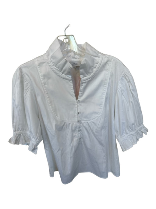 S'edge Size L White Cotton Blend Short Balloon Sleeve Ruffle Collar Buttons Top White / L