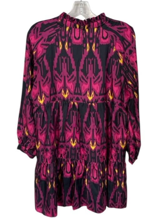 Marie Oliver Size M Magenta & Black Silk Long Balloon Sleeve Ikat V Neck Dress Magenta & Black / M