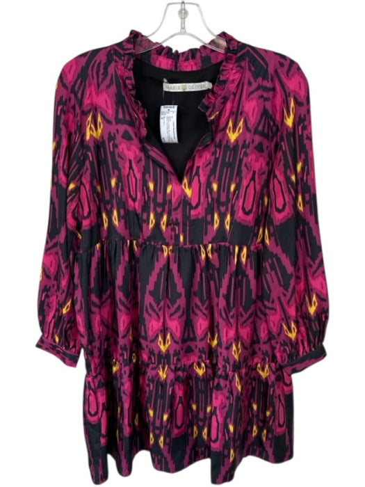 Marie Oliver Size M Magenta & Black Silk Long Balloon Sleeve Ikat V Neck Dress Magenta & Black / M