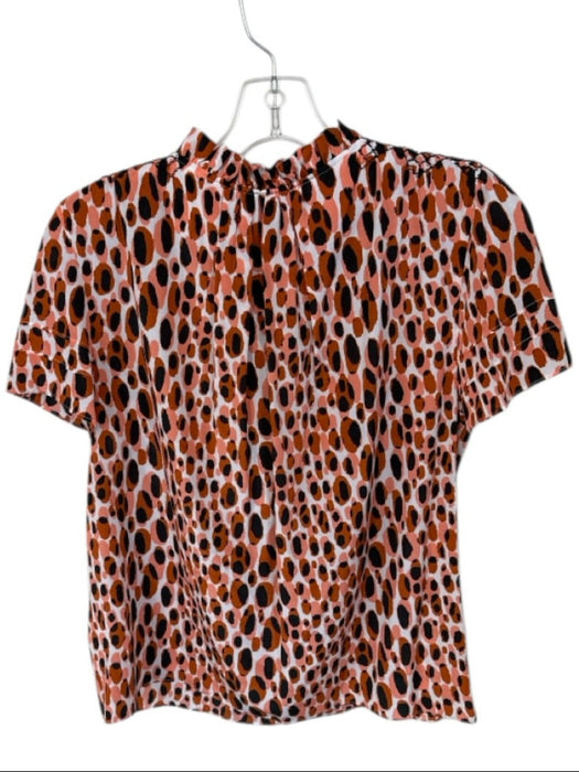 Marie Oliver Size M Peach & Black Silk Cap Sleeve dots Ruffle collar V Neck Top Peach & Black / M