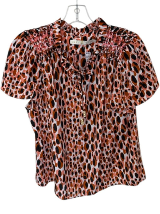 Marie Oliver Size M Peach & Black Silk Cap Sleeve dots Ruffle collar V Neck Top Peach & Black / M
