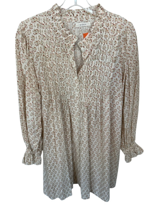 Doen Size L Tan & Green Cotton Long Balloon Sleeve Pleat Detail Flowers Dress Tan & Green / L