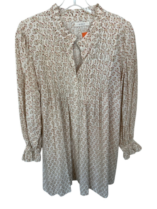 Doen Size L Tan & Green Cotton Long Balloon Sleeve Pleat Detail Flowers Dress Tan & Green / L