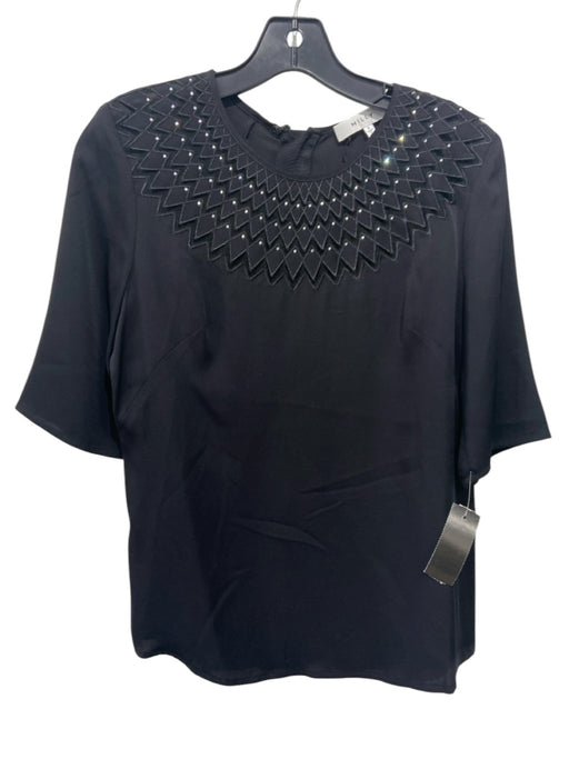 Milly Size 6 Black Silk Blend Short Sleeve Diamond Rhinestone Design Darted Top Black / 6