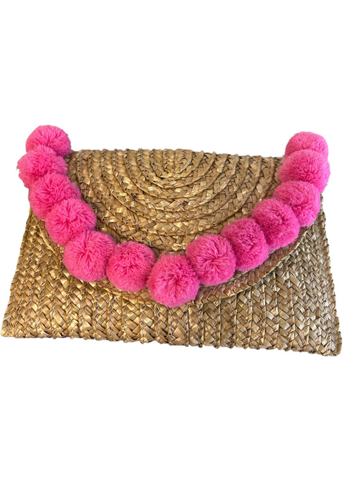 Shiraleah Pink Wheat Straw Pom Pom Trim Basket Weave Curved Flap Clutch Bag Pink