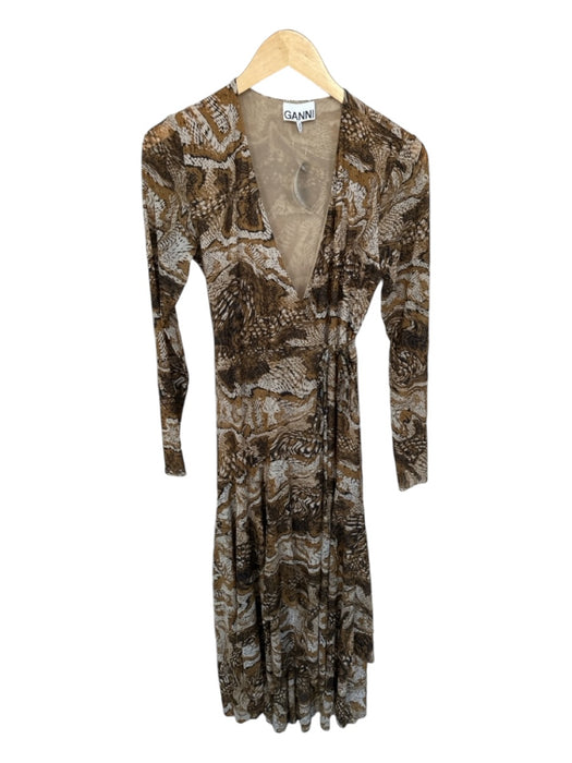 Ganni Size S Tan & black Polyester Blend Long Sleeve Snake Print Wrap Dress Tan & black / S