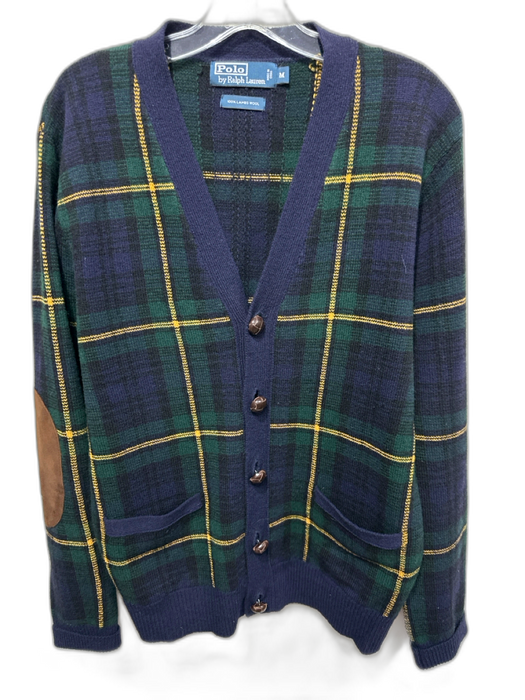 Polo Size M Navy & Green Wool Plaid Cardigan Men's Sweater Navy & Green / M