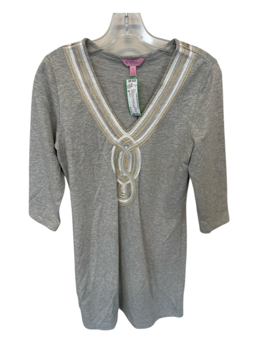 Lilly Pulitzer Size M Gray & Gold Cotton Blend Long Sleeve embroider neck Dress Gray & Gold / M