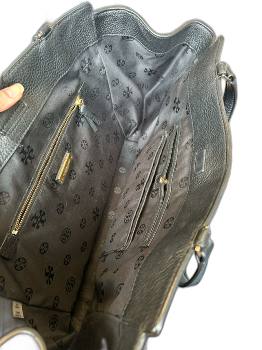 Tory Burch Black & Gold Leather Pebbled Top Handles Side Zippers Bag Black & Gold / L