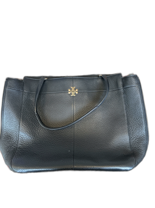 Tory Burch Black & Gold Leather Pebbled Top Handles Side Zippers Bag Black & Gold / L