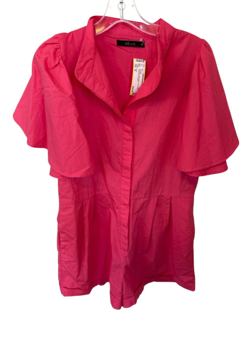 Deluc Size M Hot pink Cotton Button Front Cuffed Short Sleeve Romper Hot pink / M