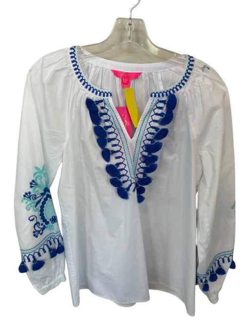 Lilly Pulitzer Size S White & Blue Cotton Long Sleeve Tassels Top White & Blue / S