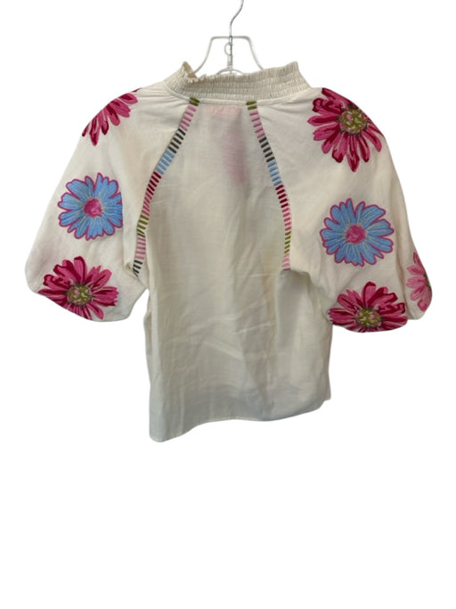 THML Size S Cream & pink Cotton 3/4 Balloon Sleeve Embroidered Flowers Top Cream & pink / S