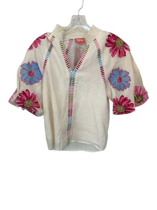 THML Size S Cream & pink Cotton 3/4 Balloon Sleeve Embroidered Flowers Top Cream & pink / S