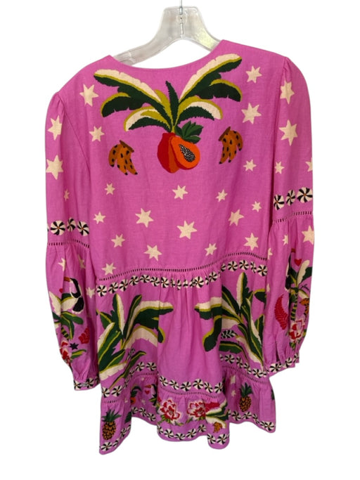 Farm Rio Size M Pink & Green Viscose & Linen Long Balloon Sleeve Animals Dress Pink & Green / M