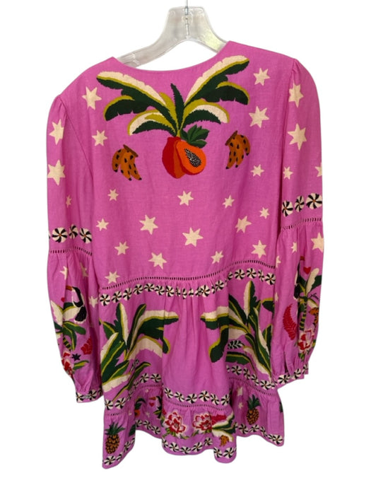 Farm Rio Size M Pink & Green Viscose & Linen Long Balloon Sleeve Animals Dress Pink & Green / M