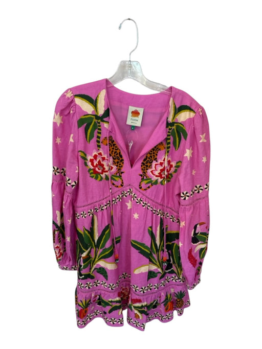 Farm Rio Size M Pink & Green Viscose & Linen Long Balloon Sleeve Animals Dress Pink & Green / M