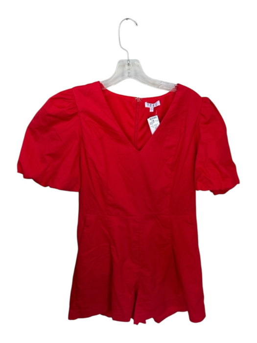 TCEC Size L Red Cotton Short Balloon Sleeve Back Zip V Neck Romper Red / L