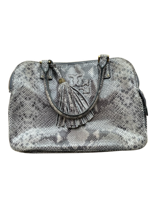 Tory Burch Gray & Black Leather Snake Embossed Snap Closure Top Handles Bag Gray & Black / M