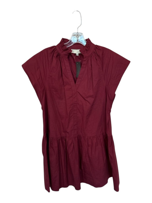Pinch Size S Maroon Cotton V Neck Ruffle Collar Short Cap Sleeve Mini Dress Maroon / S