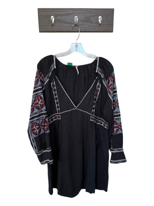 Free People Size S Charcoal & red Viscose Long Sleeve Embroider Detailing Dress Charcoal & red / S