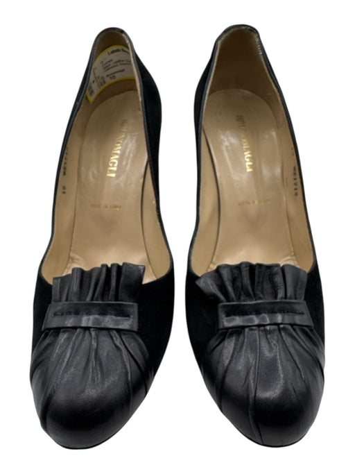 Brunomagli Shoe Size 10 Black Leather Suede Block Heel Gathered Round Toe Pumps Black / 10