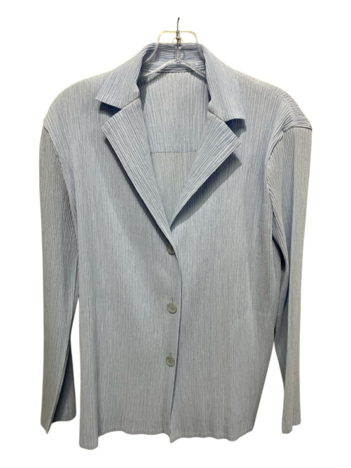 Issey Miyake Size 3 Ice Blue Polyester Long Sleeve Plisse Collar Button up Top Ice Blue / 3