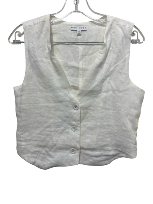 Miou Muse Size S Cream White Linen Sleeveless Button Front Side Zip Short Set Cream White / S