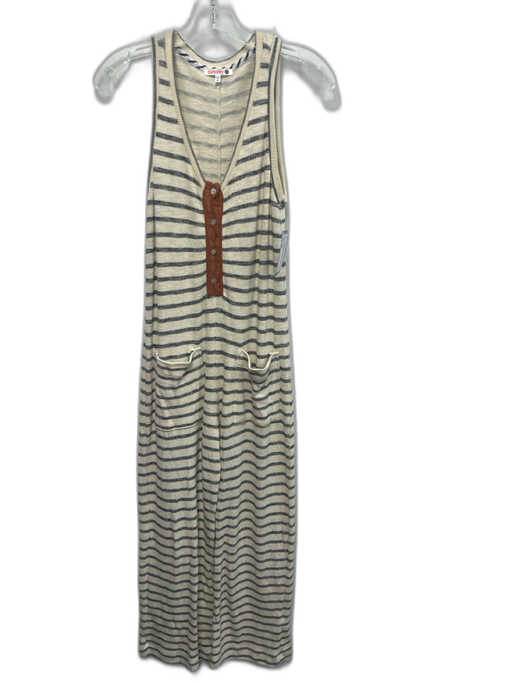 Sundry Size XS Cream & Blue Cotton Knit Stripe Button Detail Sleeveless Jumpsuit Cream & Blue / XS