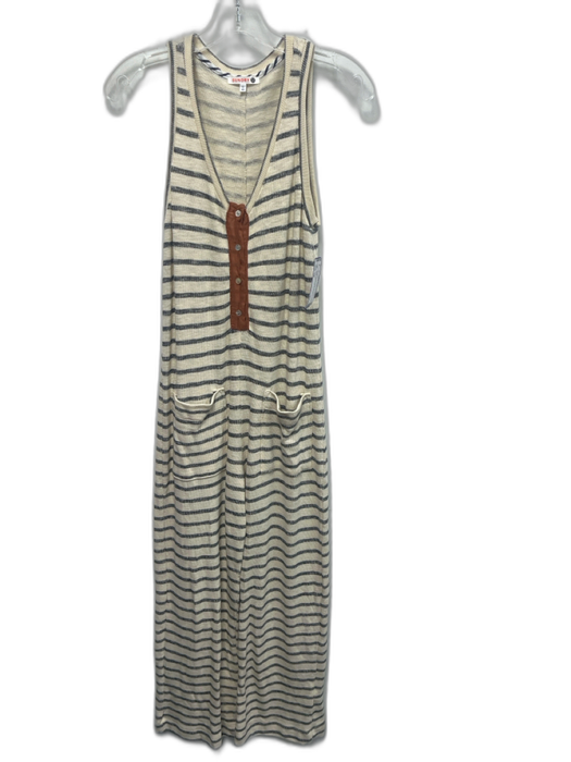 Sundry Size XS Cream & Blue Cotton Knit Stripe Button Detail Sleeveless Jumpsuit Cream & Blue / XS