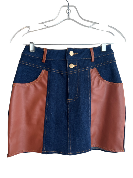 EB Luxe Size S Blue & Brown Cotton Blend High Rise Pleather Skirt Set Blue & Brown / S