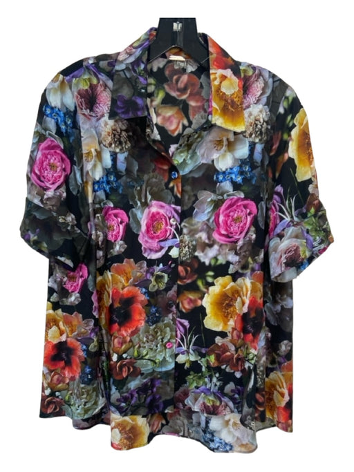 Adam Lippes Size 4 Black, Pink, Yellow Cotton & Silk Button Down Floral Top Black, Pink, Yellow / 4