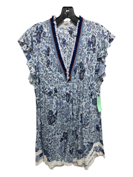 Poupette St. Barth Size Small Blue, White &  Brown Cotton Floral Trim Dress Blue, White &  Brown / Small