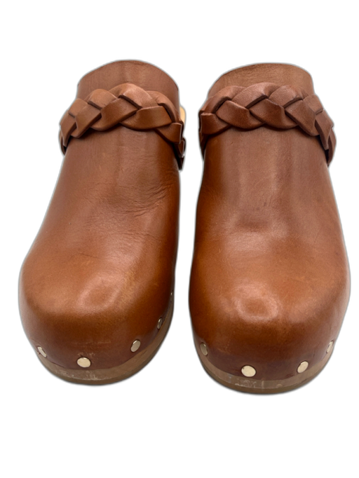 Loeffler Randall Shoe Size 8 Brown & Tan Leather Wood Braided Trim Rivets Clogs Brown & Tan / 8