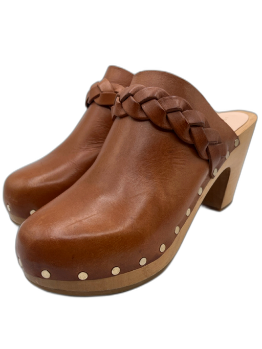 Loeffler Randall Shoe Size 8 Brown & Tan Leather Wood Braided Trim Rivets Clogs Brown & Tan / 8