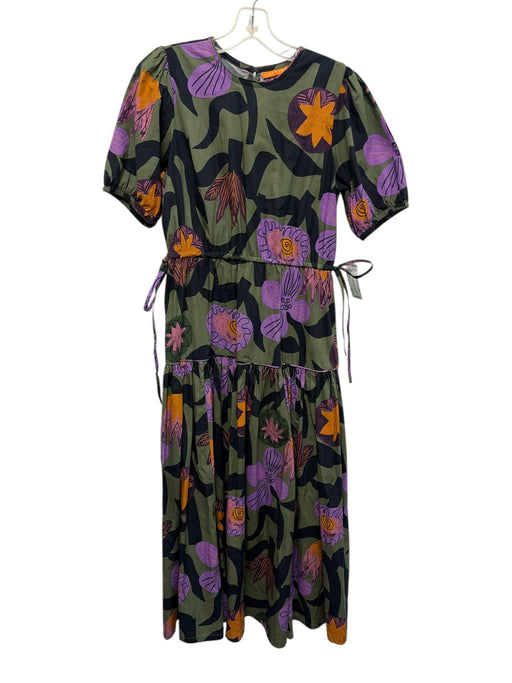 Oliphant Size S Green, Purple, Orange Cotton Abstract Drawstring Waist Dress Green, Purple, Orange / S