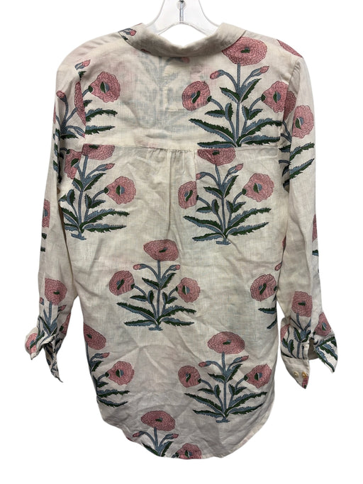 Maison Marigold Size S Cream, Blue, Pink Linen Block Printed Flowers V Neck Top Cream, Blue, Pink / S